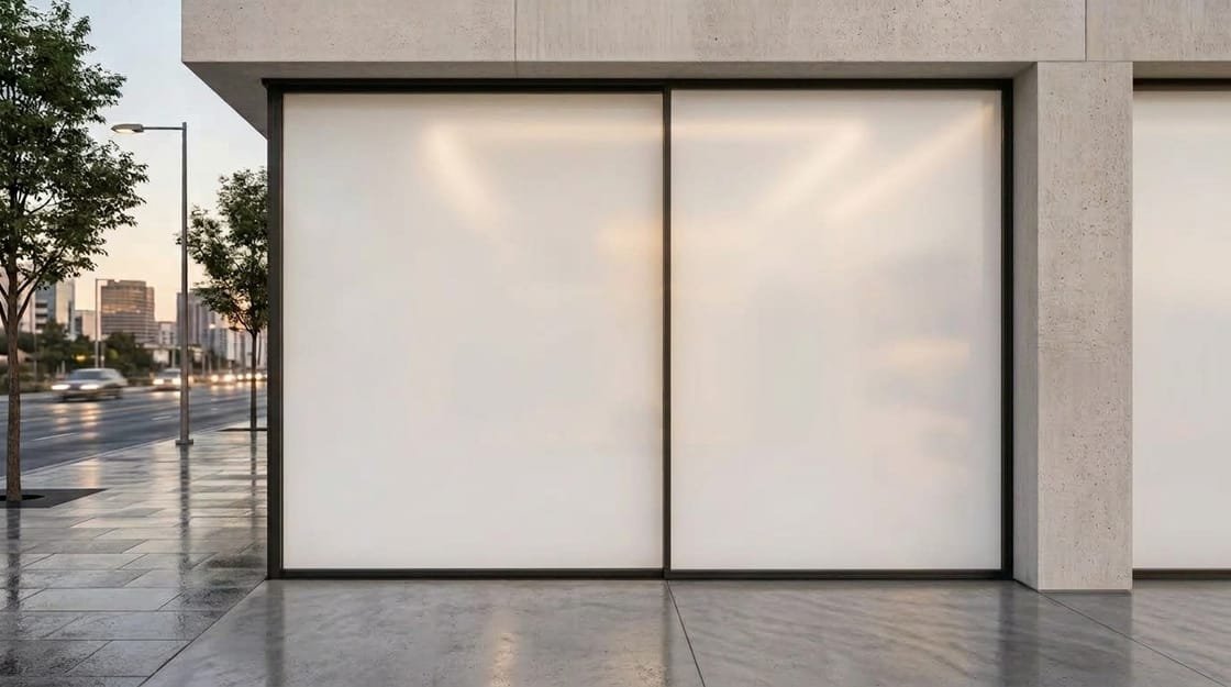 Storefront glass switched to the fully frosted private state with smart film