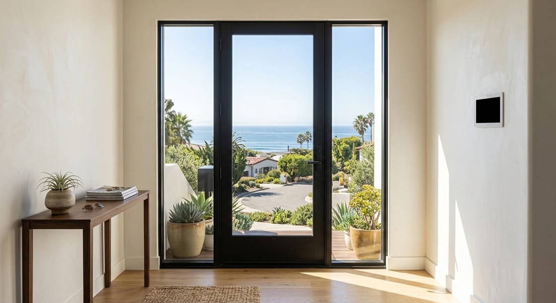 Entry door with clear glass and sidelights looking out to the ocean, before the smart film is switched on
