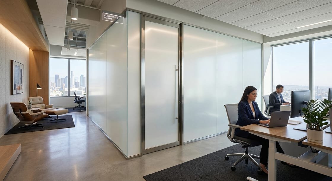 Frosted smart film on a glass conference room in a Los Angeles office, with staff working at desks outside