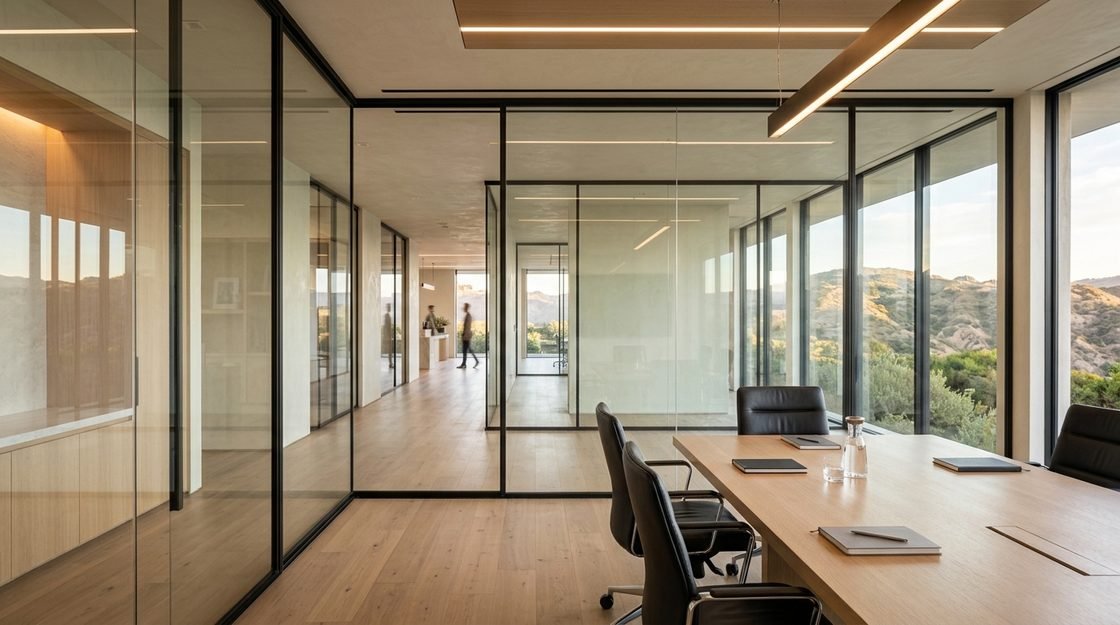 Clear state of switchable smart film on a conference room glass wall in a Los Angeles office