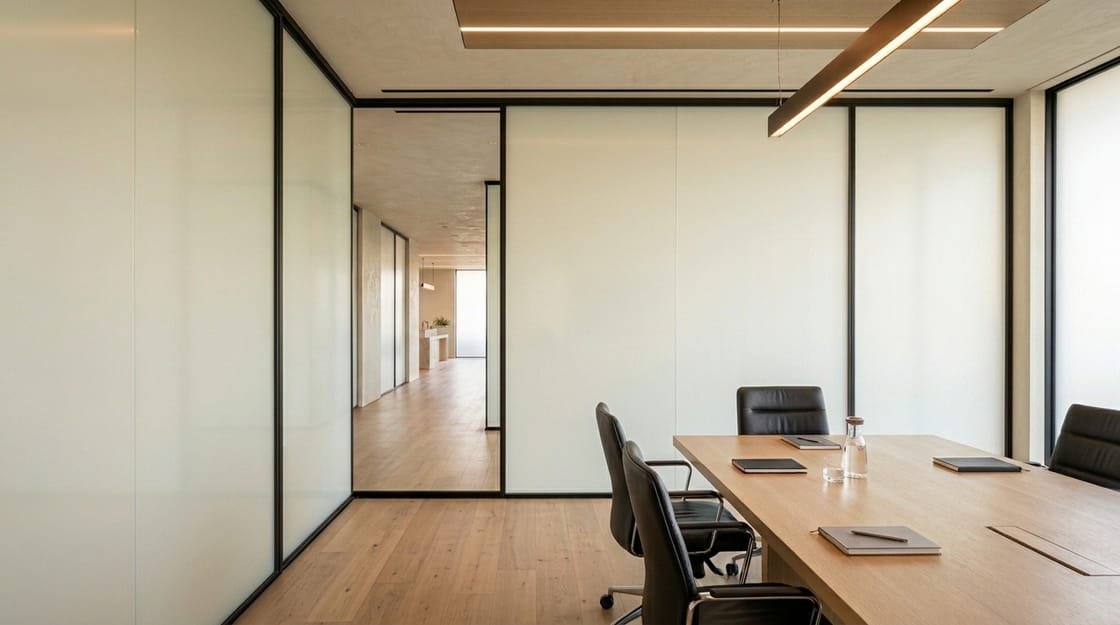 Frosted privacy state of the same conference room glass wall with the smart film switched on