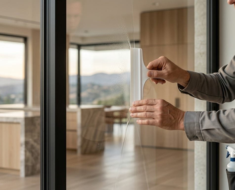 Professional smart film installation on existing glass in a Los Angeles interior