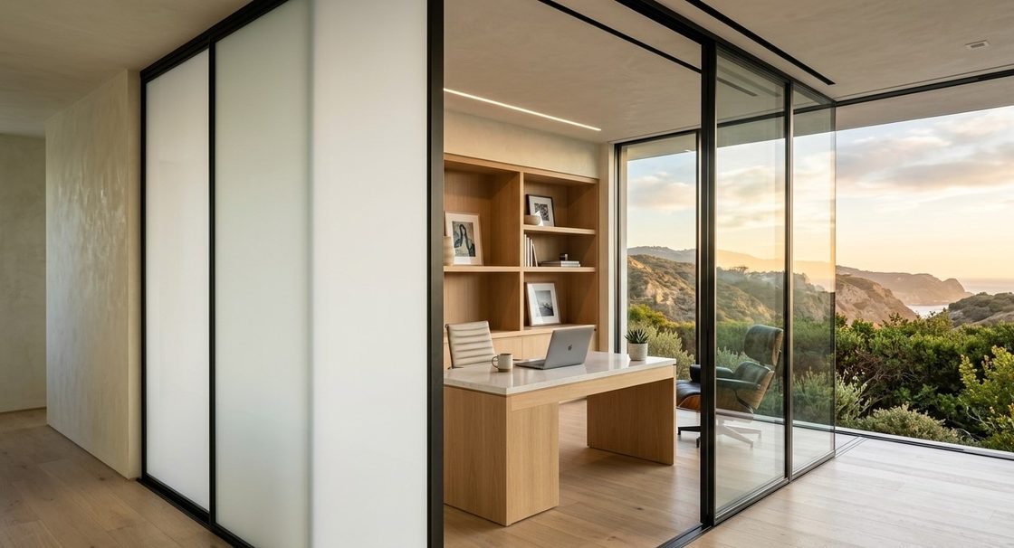 Home office glass in Los Angeles fitted with switchable smart film for on-demand privacy