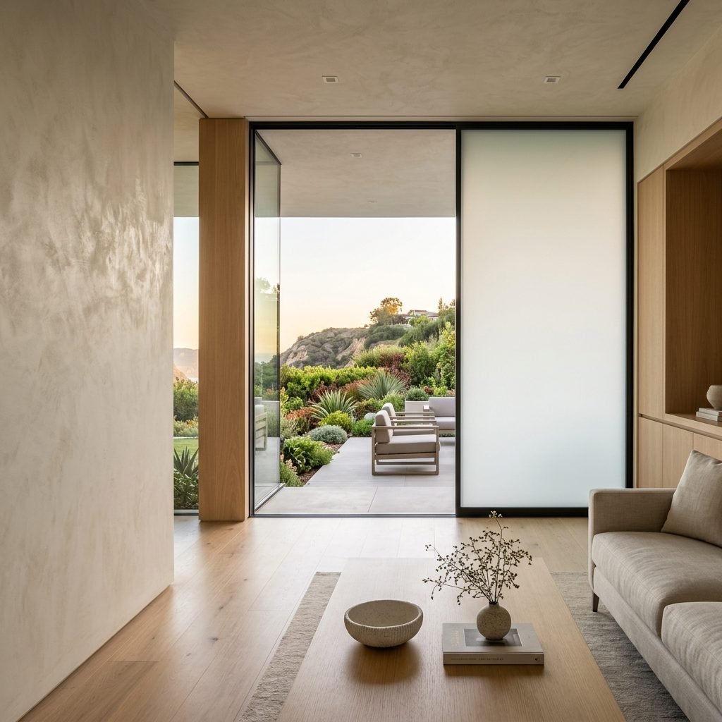 Living room glass door with switchable smart film, one panel frosted beside an open view to the patio